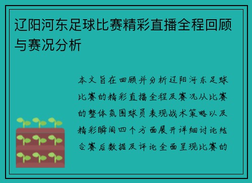 辽阳河东足球比赛精彩直播全程回顾与赛况分析